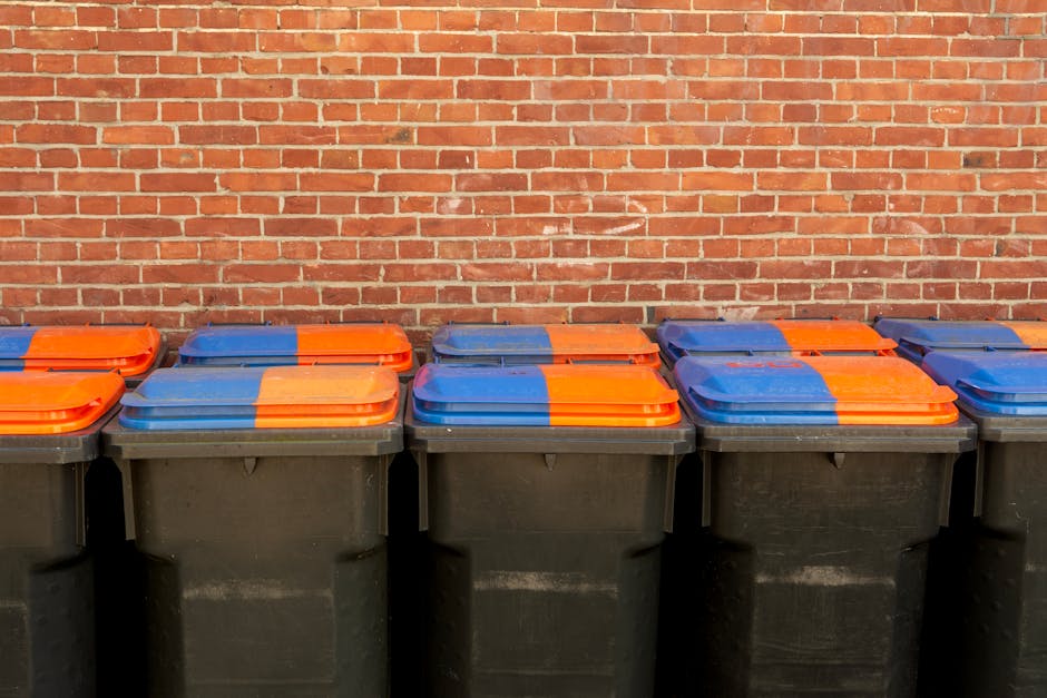 A row of six large black wheeled rubbish bins with closed lids is positioned on a pavement in front of a red brick wall. The bins have brightly coloured, predominantly orange and blue lids, with some lids showing orange on the left side and blue on the right side, all made of durable plastic material. The lids are flat with a slight texture, and the bins are uniformly aligned, suggesting organized waste collection. The environment appears to be outdoors, possibly along a residential or commercial building frontage, with natural daylight illuminating the scene. The arrangement of bins indicates organized waste or rubbish disposal, which is relevant to private rubbish removal services like those offered by Rubbish Collection Bow, providing an alternative to municipal waste collection in accordance with local guidelines for Bow waste management.